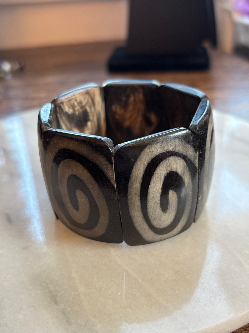 Handcrafted Black and Cream Spiral Stretch Bracelet Made From Horn
